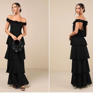 LULU's Chic Sexy Elegant Flowy Prom Wedding Sophisticated Off the Shoulder Maxi